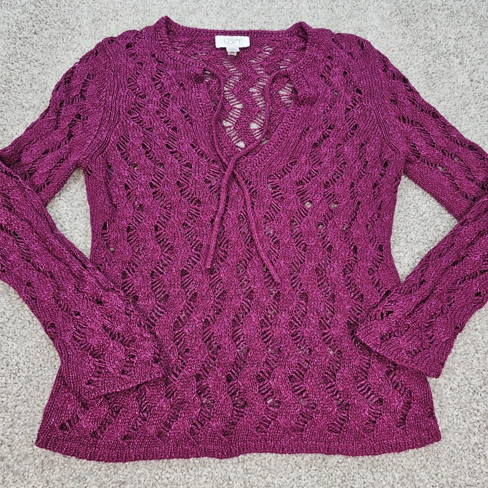 LOFT Women's Small Petite Purple‎ Crochet Knit Tie-Neck Long Sleeve Top Blouse
